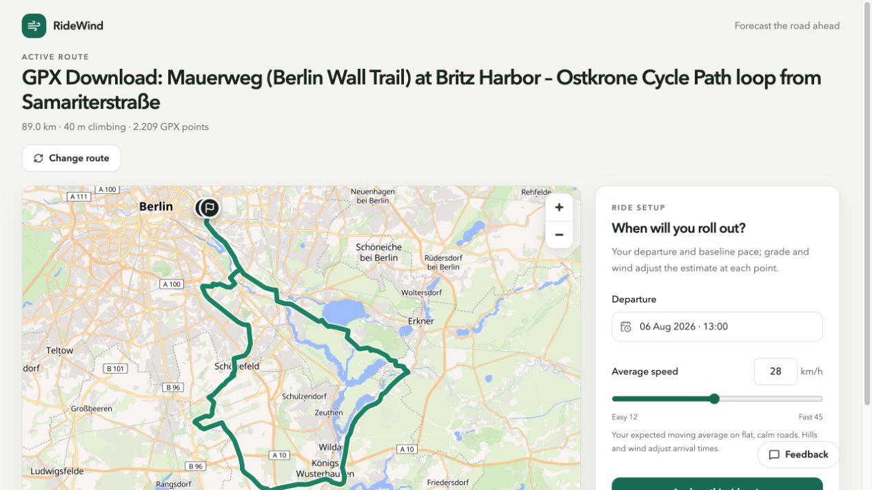 RideWind ride setup with departure time, average speed, and an Analyze this ride button