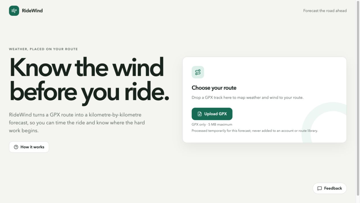 RideWind home page showing the GPX upload panel and GPX file help link