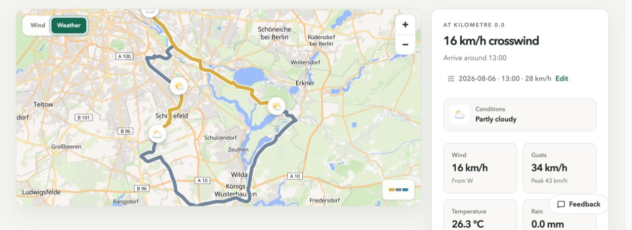 RideWind Weather map view showing weather-condition markers along the Mauerweg route