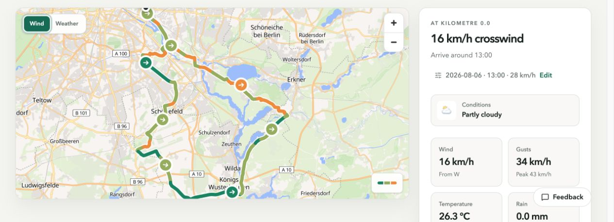 RideWind wind map for the Mauerweg route, with a selected route point and weather details